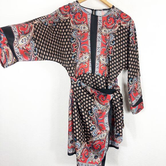 Zara Paisley Scarf Mix Print Satin Faux Wrap Mini Dress Small Boho Western - Picture 11 of 14